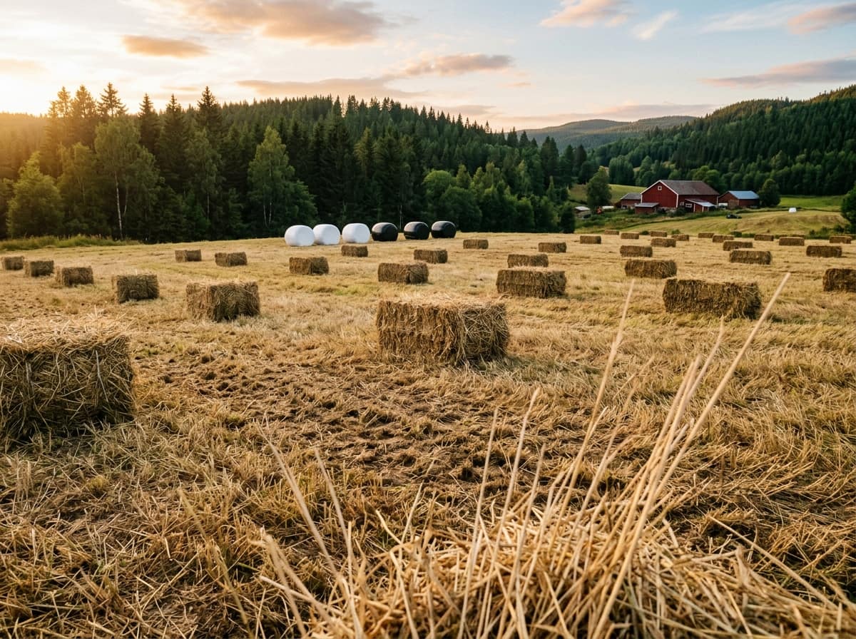 Nyslått høy og høyballer på et jorde i kveldssol