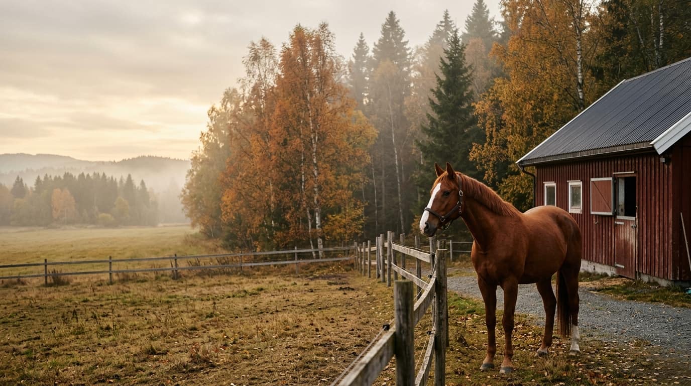 Fuksfarget hest ved gjerdet utenfor en rød stall i skogkanten en høstkveld
