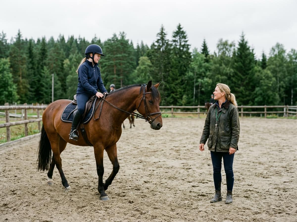 Instruktør veileder en rytter på en brun hest på ridebanen