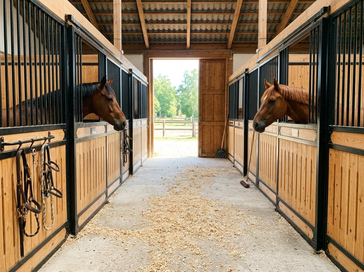 Stallgang med trebokser der to hester titter ut over dørene